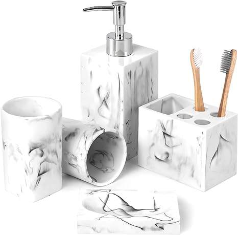 Elevate Your Bathroom with Timeless Elegance: The Haturi Marble-Look Bath Accessory Set ( $26.99)