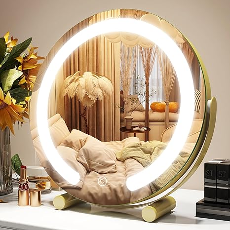 ROLOVE 12 Inch Gold Vanity Mirror with Lights, 3 Colors Dimmable, Tabletop Mirror, 360° Rotation ($39.98)